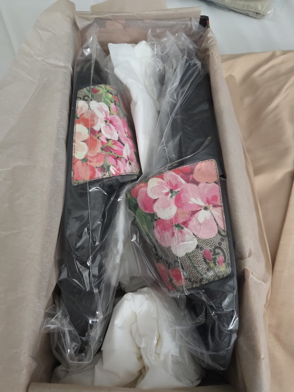 Gucci Black Slide Sandals with Pink Floral Canvas Upper